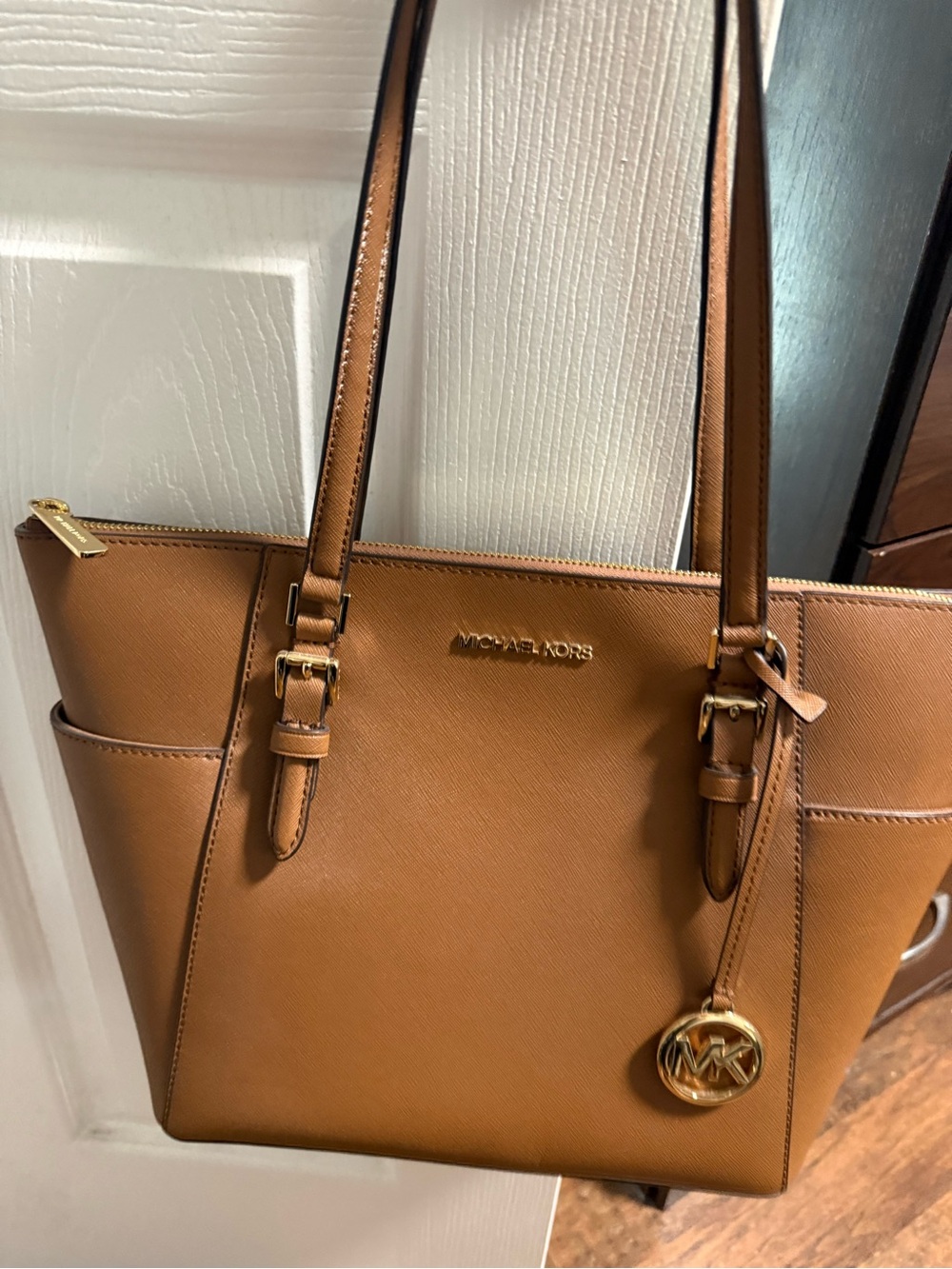 Michael Kors Cognac Saffiano Leather Tote with Gold Logo Charm